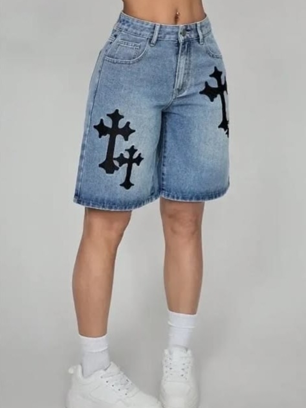 Y2k High-Rise Blue Denim Jorts with Black Cross Appliqué